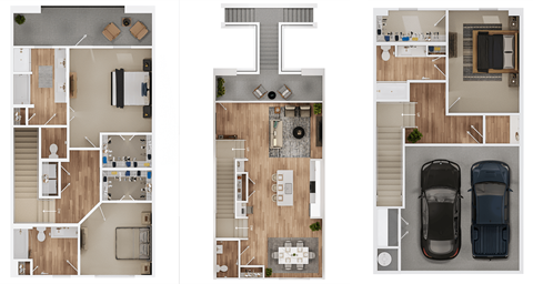 three dimensional layouts of a house and a car in a floor plan